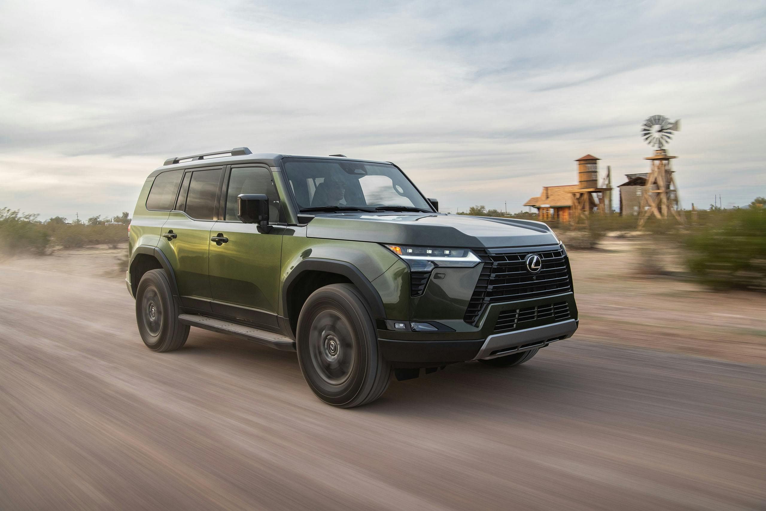 Lexus GX 550 Overtrail front three quarter driving on desert road